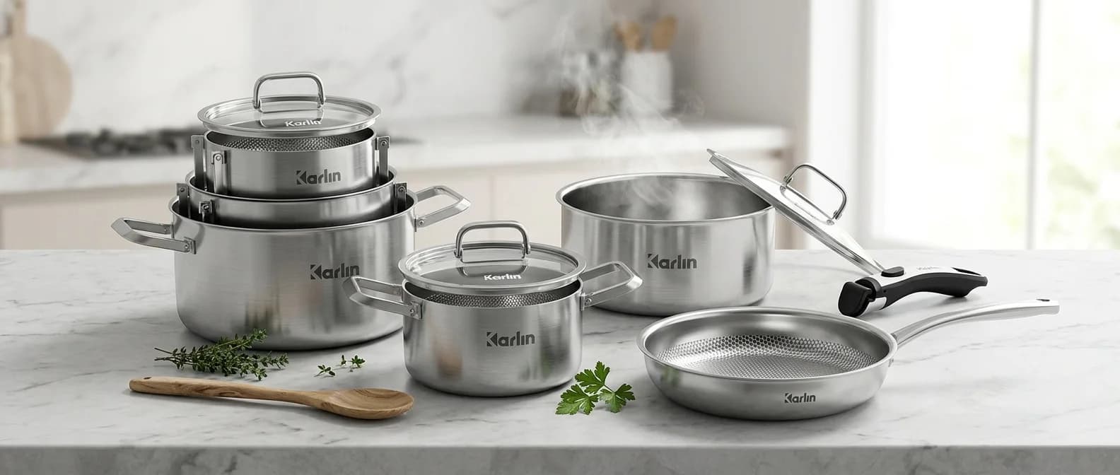 Bộ nồi chảo Karlin Inox 316 trên mặt bếp đá