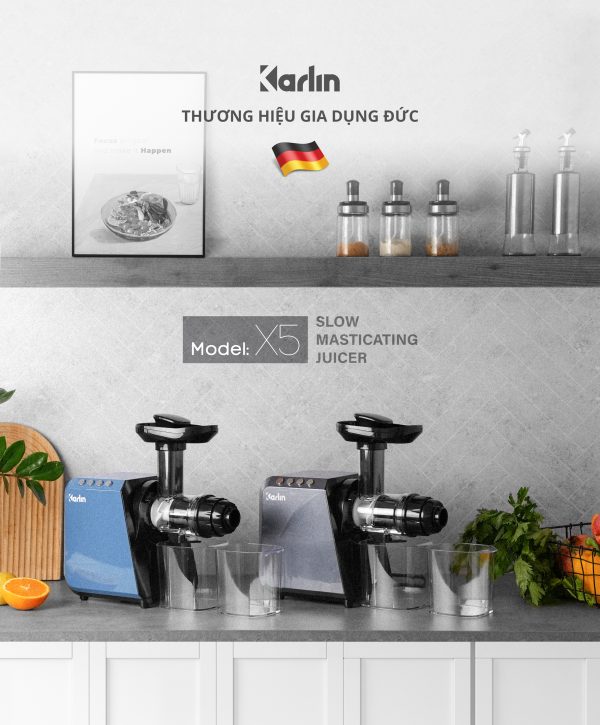 Máy Ép Chậm Trục Ngang KARLIN X5 - Ép Rau Củ - Kiệt Bã - Dễ Vệ Sinh - Đa Năng (xay cafe, làm mì sợi, thái củ quả, làm kem)