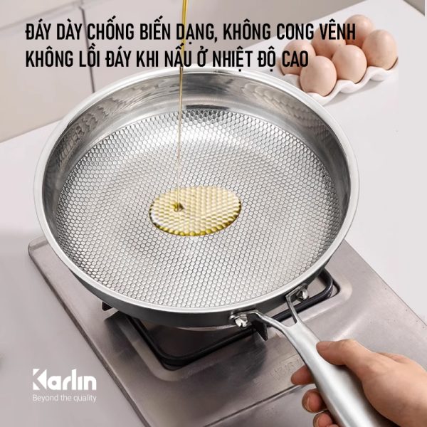 Chảo Karlin Chống Dính Tự Nhiên - Model G26 - Đáy 3 lớp - Inox 316 - 26x5.5 cm - Chất lượng cao (dùng cho bếp từ, bếp Gaz, bếp hồng ngoại...)