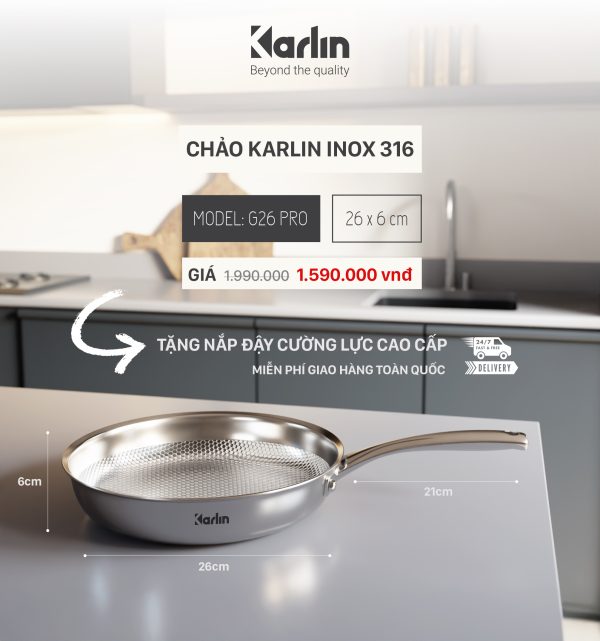 Chảo Karlin Chống Dính Tự Nhiên G20 PRO Inox 316 Đáy 4 Lớp 20cm x 5.5cm - Chuẩn Châu Âu