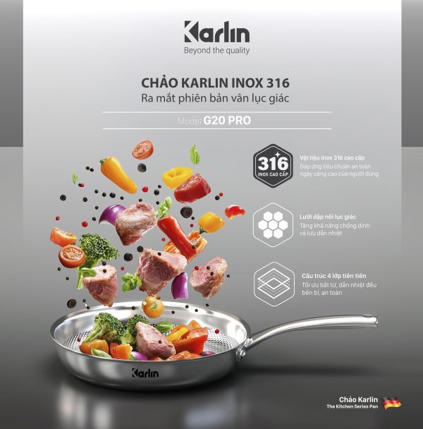 Chảo Karlin Chống Dính Tự Nhiên G20 PRO Inox 316 Đáy 4 Lớp 20cm x 5.5cm – Chuẩn Châu Âu